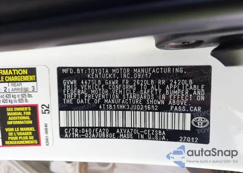2018 Toyota Camry Se z USA, uszkodzony, nr VIN 4T1B11HK3JU021612